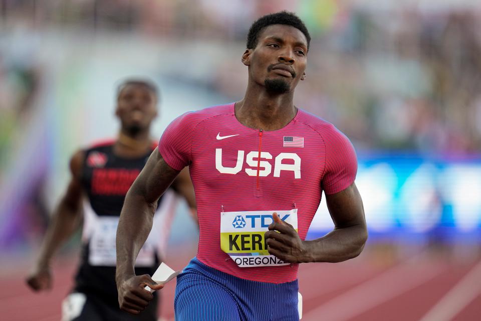 Former South Plains College sprinter Fred Kerley wins his heat in the 100 meters during Friday's first day of the World Championships at Hayward Field in Eugene, Oregon. Kerley, second in the 100 at last year's Tokyo Olympics, ran his race Friday in 9.79 seconds.