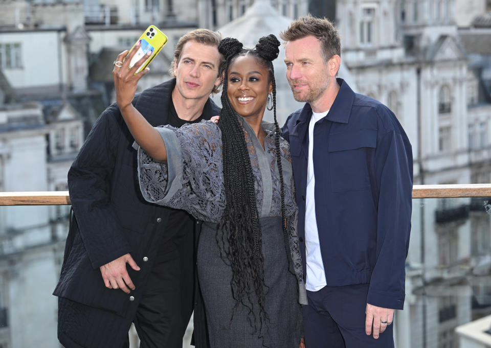 LONDON, ENGLAND - MAY 12: (L-R)Hayden Christensen, Moses Ingram and Ewan McGregor attend the 