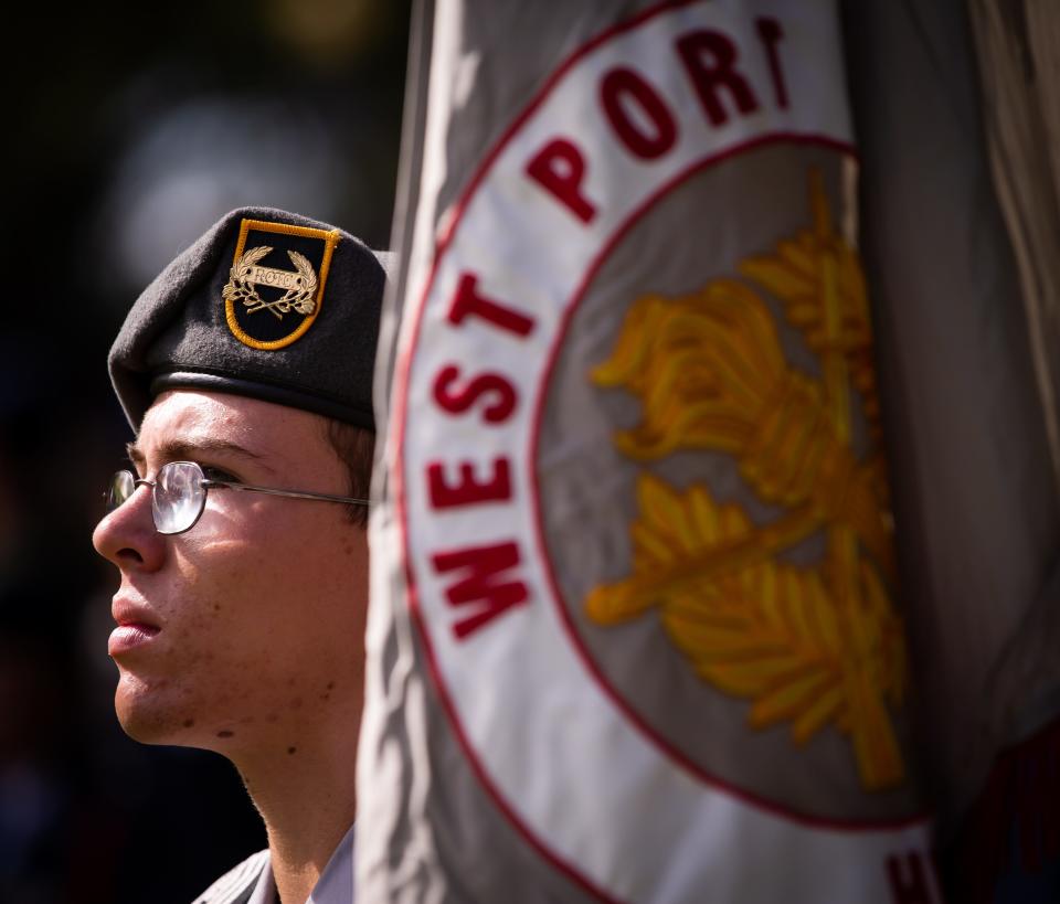 West Port Army ROTC member Cadet Robert Palmer stands at attention with his unit earlier this month at the annual Veterans Day ceremony in Ocala.