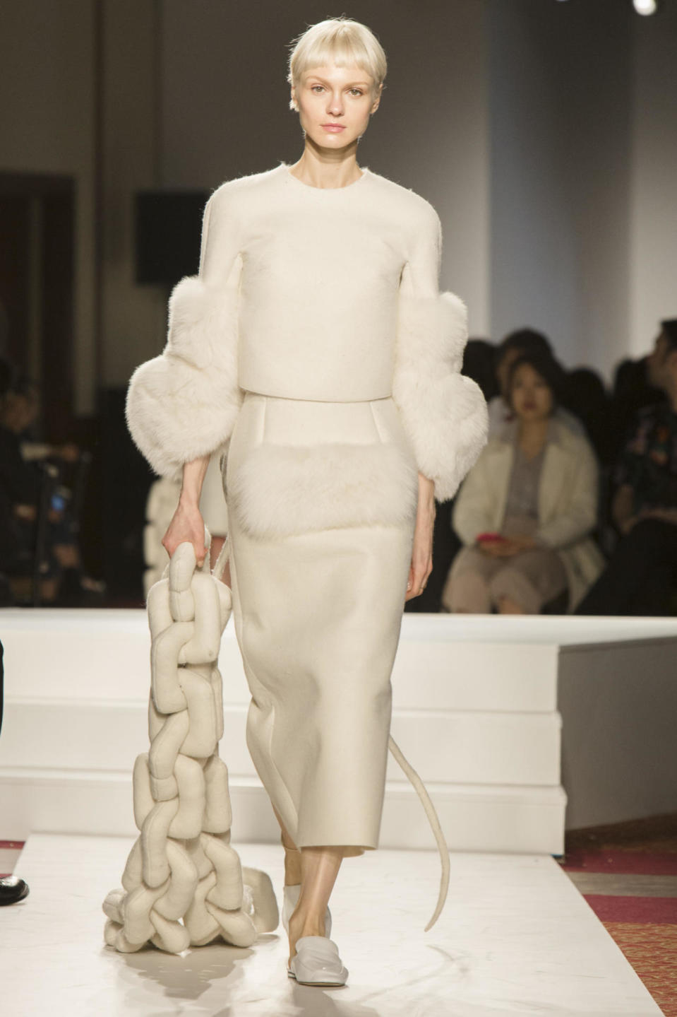 Parsons graduate Sijun Guo’s design made elegant use of structured separates with restrained fur accents.