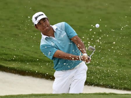 Aug 11, 2017; Charlotte, NC, USA; Hideki Matsuyama plays from a bunker on the 16th hole during the second round of the 2017 PGA Championship at Quail Hollow Club. Mandatory Credit: Michael Madrid-USA TODAY Sports