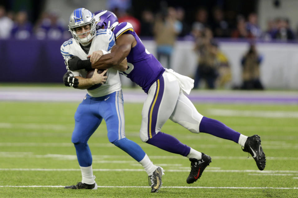 Detroit Lions quarterback David Blough is sacked by Minnesota Vikings defensive end Danielle Hunter, right, during the first half of an NFL football game, Sunday, Dec. 8, 2019, in Minneapolis. (AP Photo/Andy Clayton-King)
