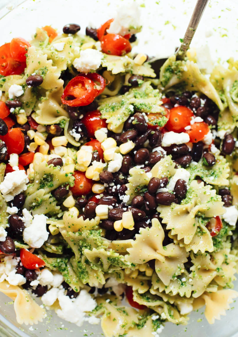 Summertime Pasta Salad with Tomatoes, Corn, and Jalapeño Pesto