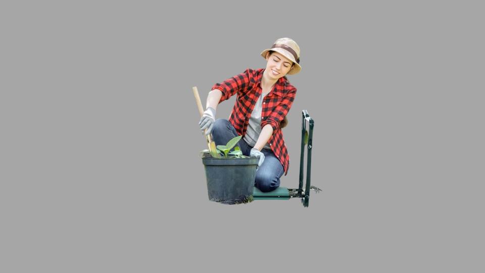 Woman kneeling on Abco Garden Kneeler and Seat.