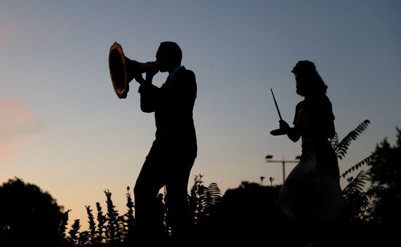 Members of Berlin-based swing band "The Swingin' Hermlins" perform in Berlin