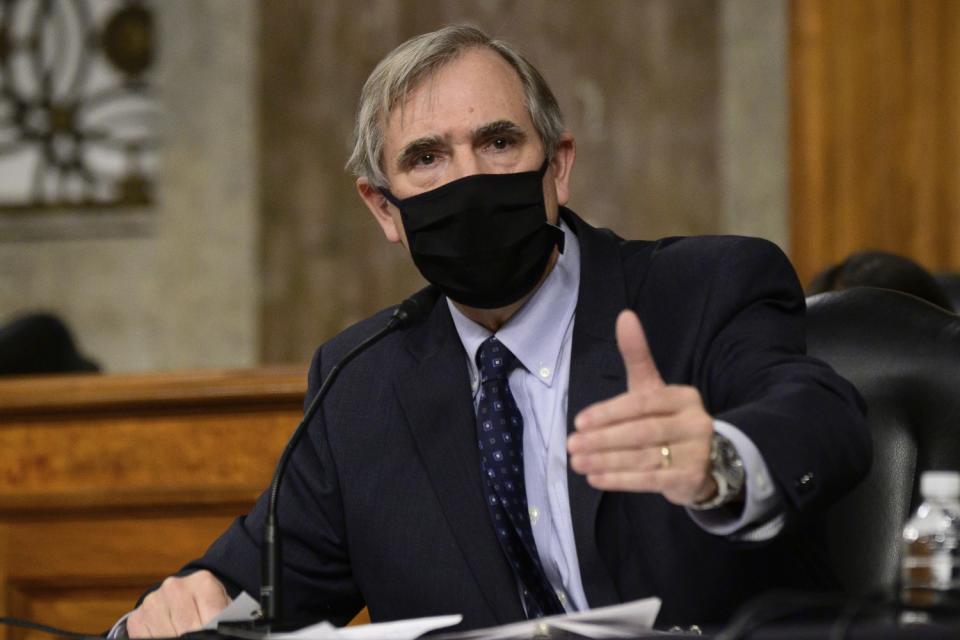 Sen. Jeff Merkley, D-Ore., speaks during a hearing on Capitol Hill Feb. 23.