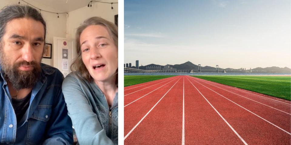 A picture of the Crawfords next to a picture of a race track