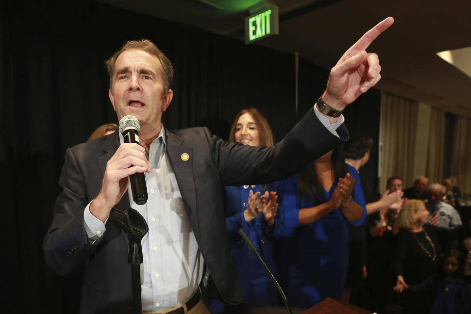 Virginia Gov. Ralph Northam speaks to supporters at a Democratic Party event in Richmond, Va., Tuesday, Nov. 5, 2019. All seats in the Virginia House of Delegates and state Senate are up for election. (AP Photo/Steve Helber)