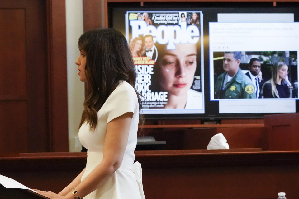 Johnny Depp's attorney Camille Vasquez gives closing arguments at the Fairfax County Circuit Courthouse in Fairfax, Va., Friday, May 27, 2022. Depp sued his ex-wife Amber Heard for libel in Fairfax County Circuit Court after she wrote an op-ed piece in The Washington Post in 2018 referring to herself as a "public figure representing domestic abuse." (AP Photo/Steve Helber, Pool)