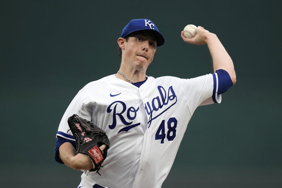 Kansas City Royals starting pitcher Ryan Yarbrough throws during the first inning of a baseball game against the Detroit Tigers Wednesday, July 19, 2023, in Kansas City, Mo. (AP Photo/Charlie Riedel)