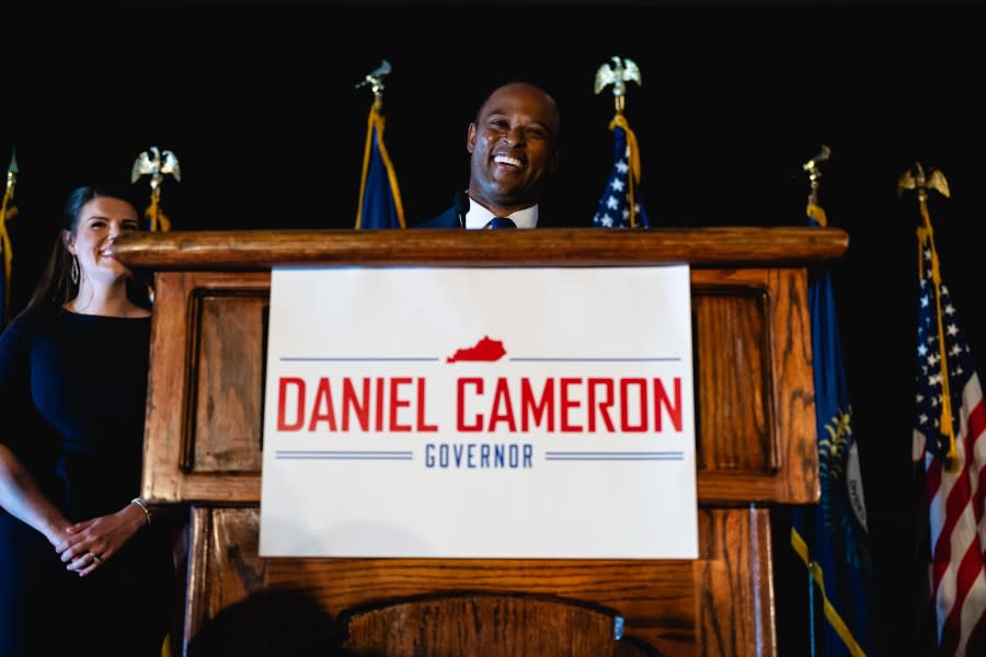 Kentucky Attorney General Daniel Cameron speaks following his victory in the Republican primary for governor at an election night watch party at the Galt House Hotel on May 16, 2023 in Louisville, Kentucky. (Photo by Jon Cherry/Getty Images)