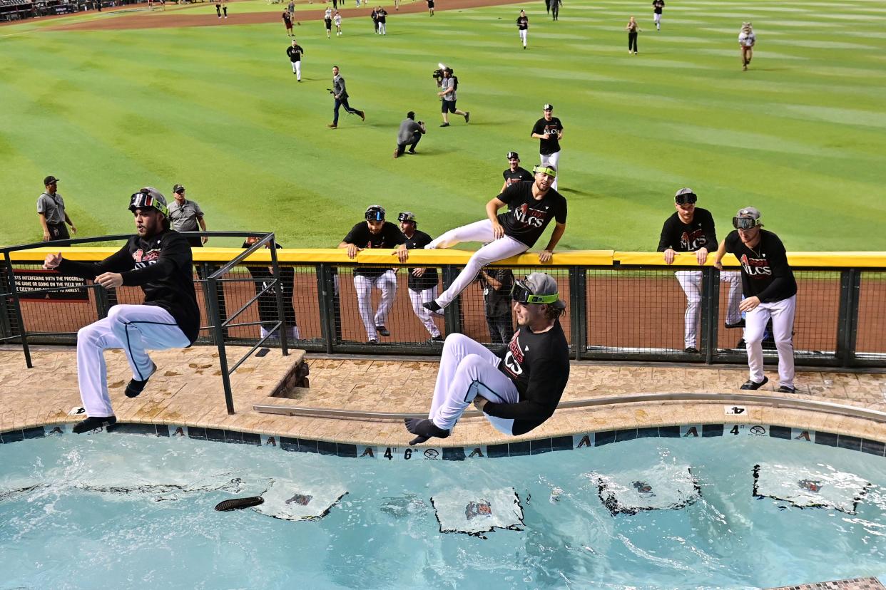 Diamondbacks players celebrate after sweeping the Dodgers in the 2023 NLDS.