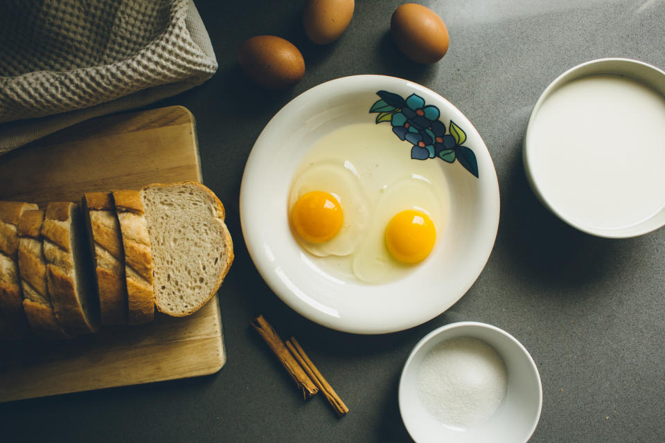 Ingredients for French toast on a table.