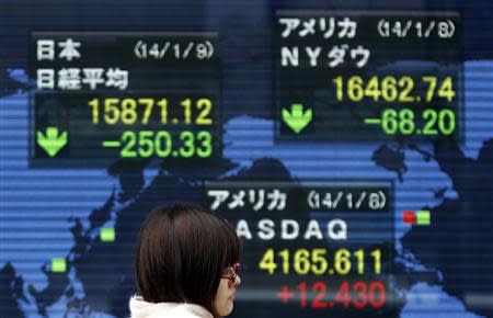 A pedestrian walks past at an electronic board displaying various countries' share prices outside a brokerage in Tokyo January 9, 2014. REUTERS/Yuya Shino