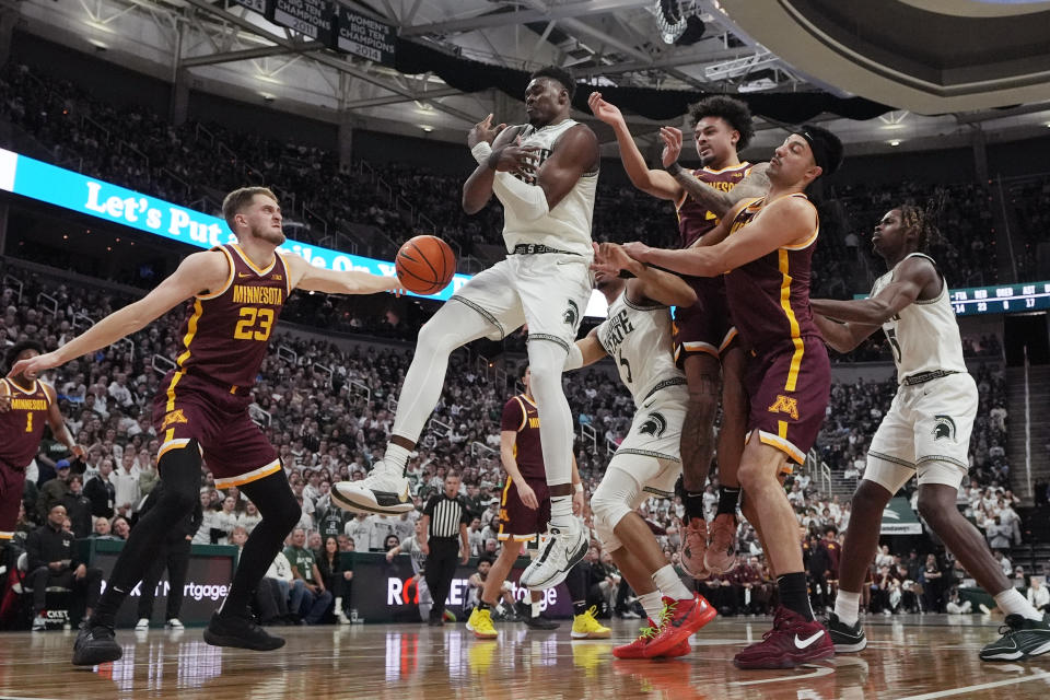 Michigan State center Mady Sissoko, center is unable to secure the rebound during the second half of an NCAA college basketball game against Minnesota , Thursday, Jan. 18, 2024, in East Lansing, Mich. (AP Photo/Carlos Osorio)