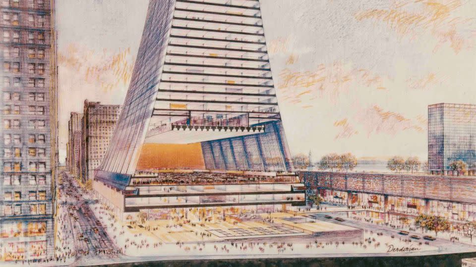 Architect Henry Cobb imagined a towering version of the New York Stock Exchange in 1963. He claimed the NYSE was keen on the idea, but it never moved forward. - Pei Cobb Freed & Partners