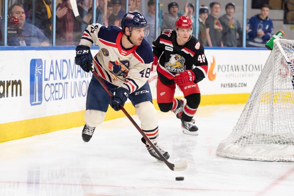 Defenseman Jake McLaughlin, seen here with the Milwaukee Admirals, has been added to the Coachella Valley Firebirds roster.