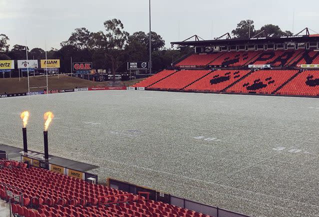 Hail on the field at Pepper Stadium at Penrith. Photo: Penrith Panthers