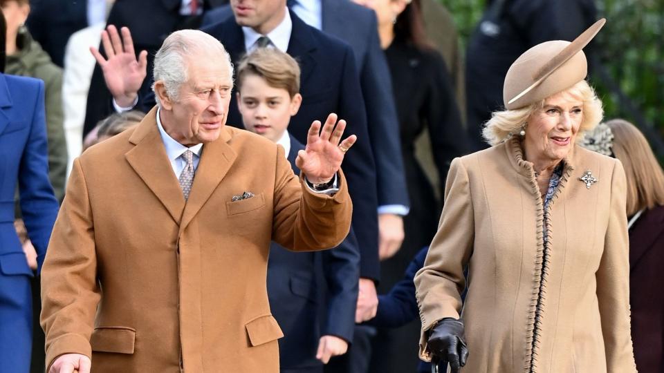 King Charles III and Queen Camilla arrive at St. Mary Magdalene Church Christmas Day church service