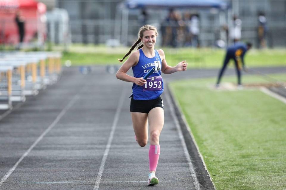 Lexington Catholic’s Caroline Beiting competes in the 4-by-800-meter relay race during the Class 2A, Region 4 track and field meet at Henry Clay High School on Saturday.