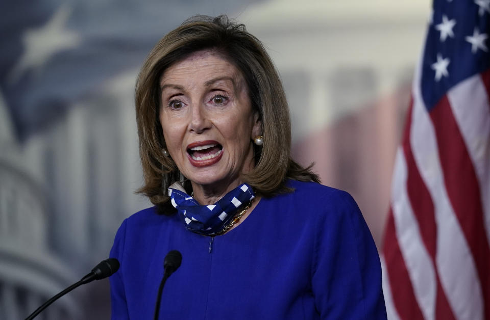 Speaker of the House Nancy Pelosi, D-Calif., speaks during a news conference at the Capitol in Washington, Thursday, Aug. 27, 2020. (AP Photo/J. Scott Applewhite)
