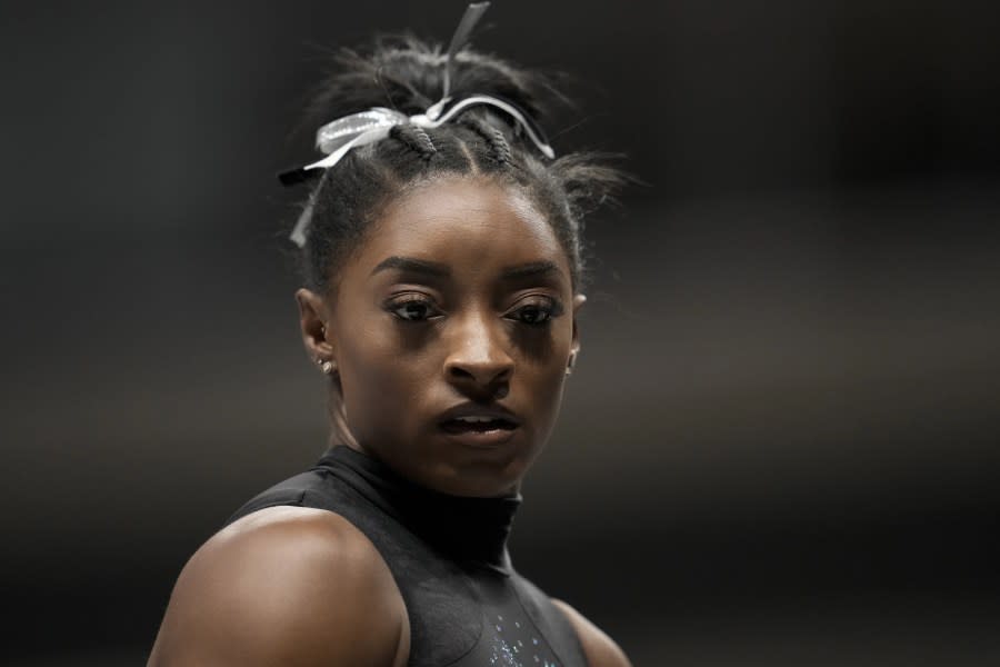 Simone Biles warms up before the U.S. Gymnastics Championships Sunday, Aug. 27, 2023, in San Jose, Calif. (AP Photo/Godofredo A. Vásquez)