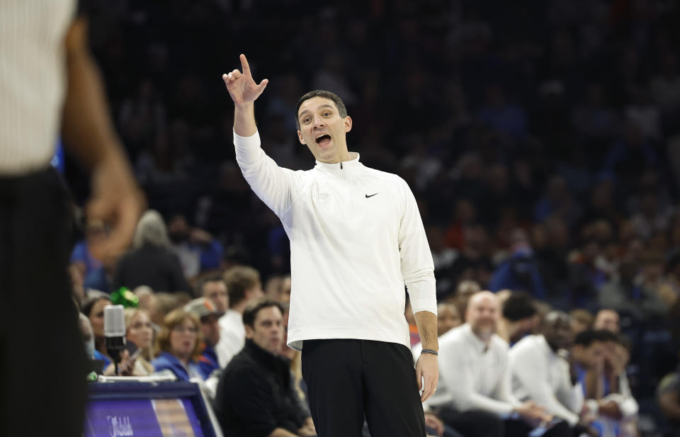 Dec 18, 2023; Oklahoma City, Oklahoma, USA; Oklahoma City Thunder head coach Mark Daigneault gestures to his team during the second quarter against the Memphis Grizzlies at Paycom Center. Mandatory Credit: Alonzo Adams-USA TODAY Sports
