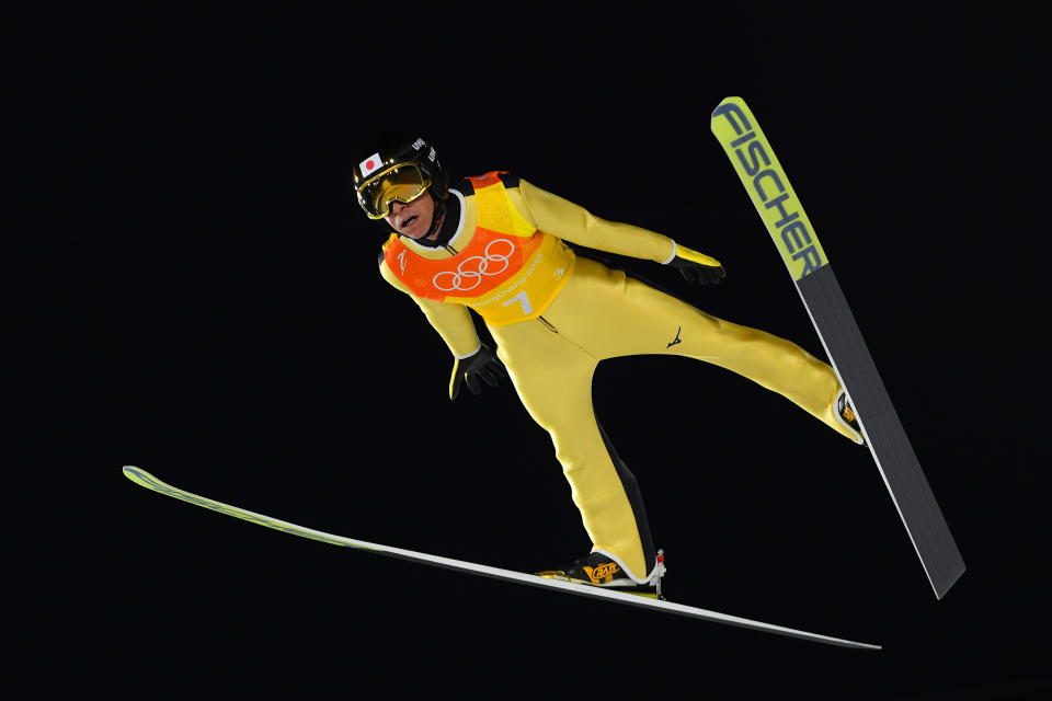 Noriaki Kasai of Japan competes during the men’s team large hill ski jump on Feb. 19, 2018 in PyeongChang, South Korea. Kasai is 45-years-old, and determined to reach his ninth-straight Olympics in 2022. (Getty)