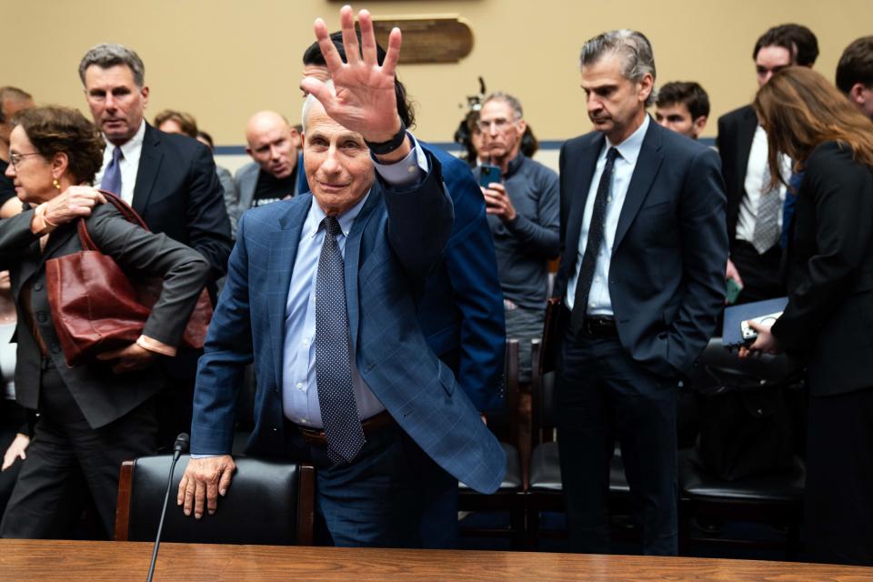 Anthony Fauci, former director of the National Institute of Allergy and Infectious Diseases, waves goodbye to lawmakers after testifying at the House Oversight and Accountability Select Subcommittee on the Coronavirus Pandemic on June 3, 2024 in Washington.