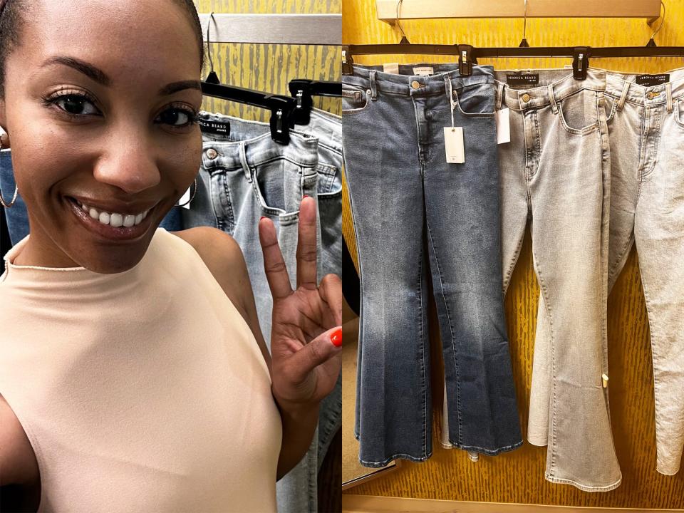 A side by side photo of the author next to a split image of jeans hanging on a clothing rack.