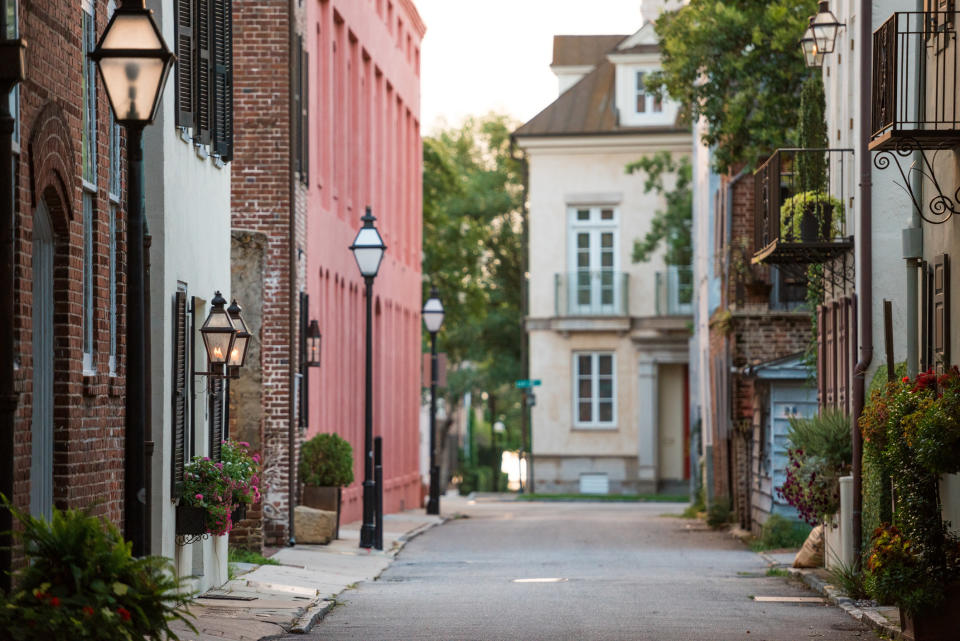 empty alleyway of brownstone houses