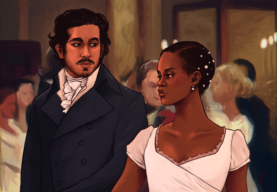 Dev Patel and Letitia Wright as Mr. Darcy and Elizabeth Bennet in Pride and Prejudice. (Image: Courtesy of Zoe Hsu)