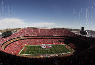 FILE- Fans fill Arrowhead Stadium as fireworks go off before an NFL football game between the Kansas City Chiefs and the Denver Broncos on Nov. 13, 2011, in Kansas City, Mo. Some Kansas lawmakers see a chance to lure Kansas City's two biggest professional sports teams across the Missouri border, but an effort to help the Super Bowl champion Chiefs and Major League Baseball's Royals finance new stadiums in Kansas fizzed over concerns about how it might look to taxpayers. (AP Photo/Charlie Riedel, File)