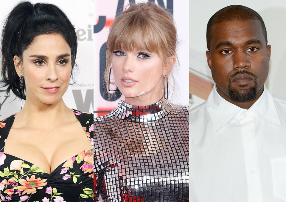 Sarah Silverman, left, is blasting the GOP for hypocrisy over opposite reactions to political involvement by Taylor Swift and Kanye West. (Photos: Getty Images)