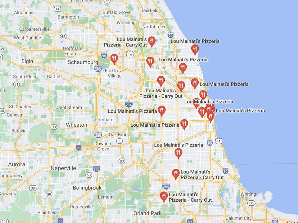 Lou Malnati's locations in Chicago on a map