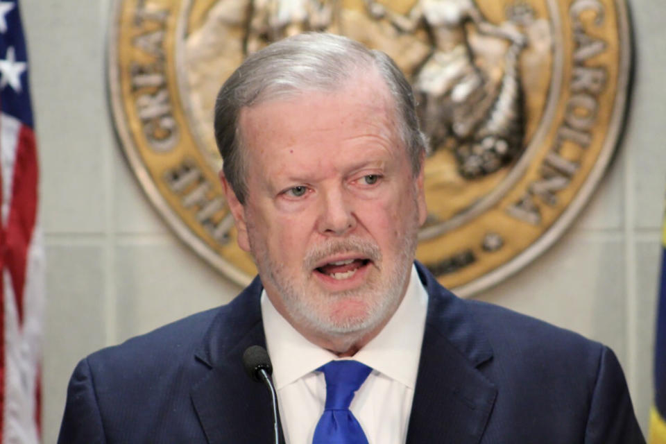 North Carolina Republican Senate leader Phil Berger speaks at a news conference on Wednesday, July 14, 2021, in the Legislative Building in Raleigh, N.C. North Carolina Republicans are moving forward with a plan to limit how teachers can discuss certain racial concepts inside the classroom, according to the state's most powerful senator. Berger said his chamber will advance a measure seeking to ban the promotion of critical race theory in K-12 public school classrooms. (AP Photo/Bryan Anderson)