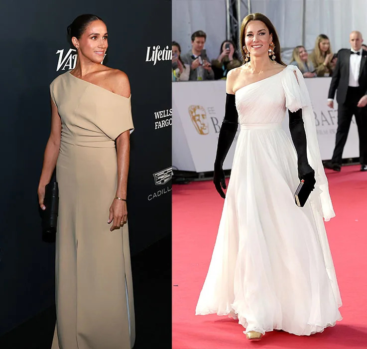 meghan markle style and fashion, kate middleton style and fashion, proenza schouler dress, alexander mcqueen dress, Meghan Markle attends the 2023 Variety Power of Women and Kate Middleton attends the 2023 EE BAFTA Film Awards, 