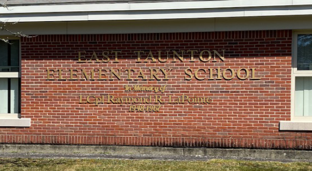 Digital renderings shown to the Taunton School Committee of what it will look like when signage for East Taunton Elementary School includes a dedication to fallen Vietnam War Veteran Lance Corporal Raymond Lapointe. Note: this is not a final design.