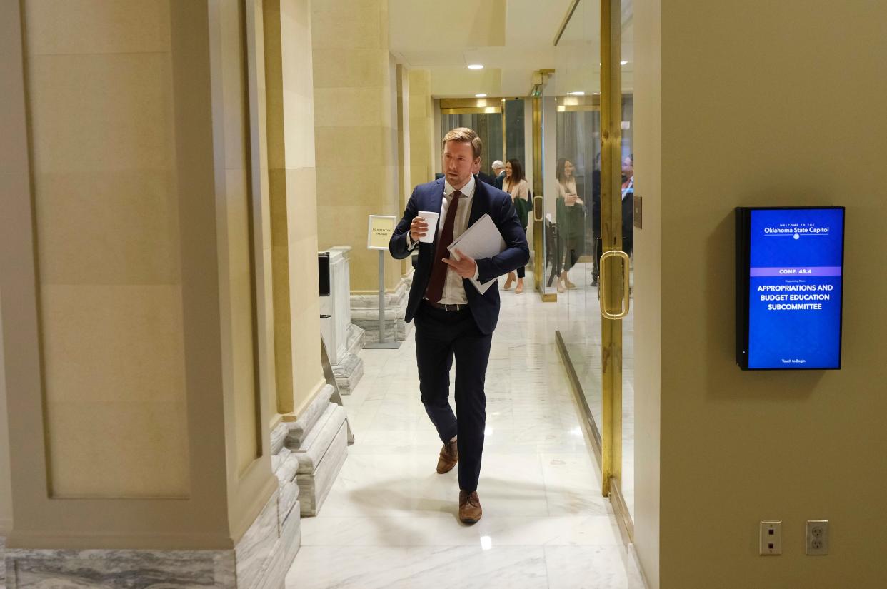 Oklahoma state superintendent Ryan Walters leaves the House A and B subcommittee on Education at the Oklahoma Capitol, Wednesday, Jan. 10, 2024.