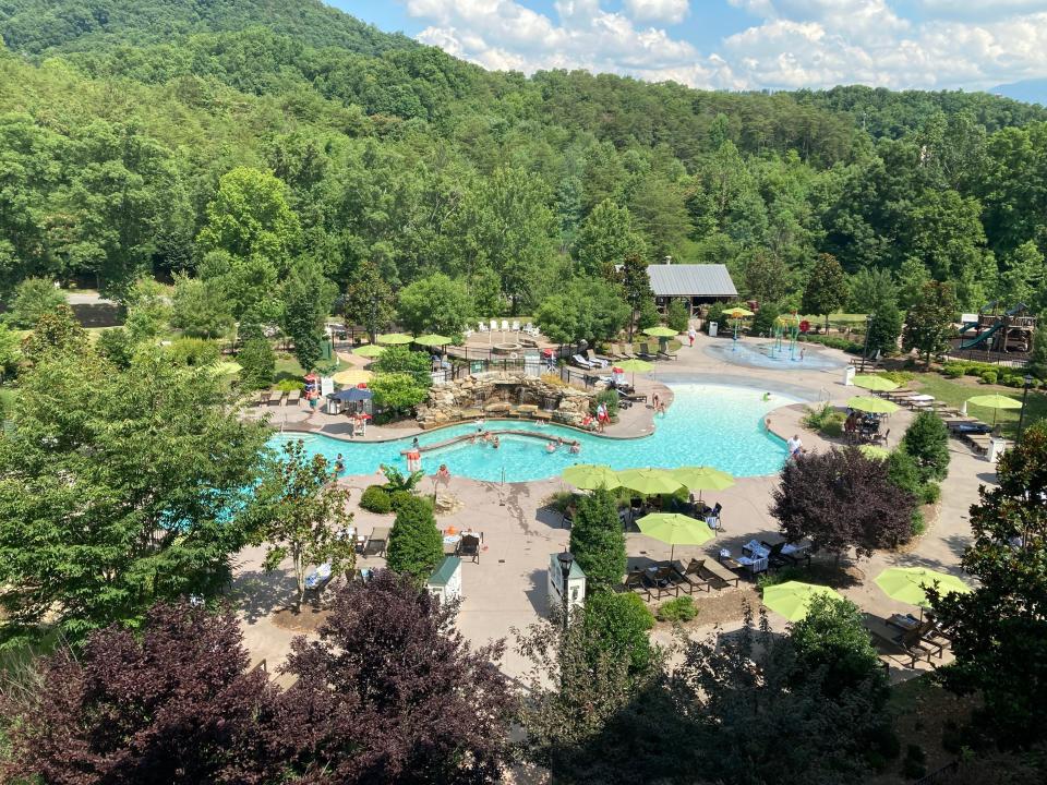 An aerial view of the pool at the Dollywood DreamMore Resort.