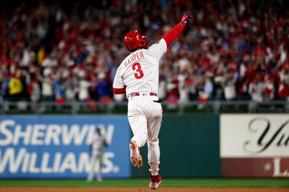 PHILADELPHIA, PA - NOVEMBER 01: Bryce Harper #3 of the Philadelphia Phillies rounds the bases after hitting a two-run homer in the first inning during Game 3 of the 2022 World Series between the Houston Astros and the Philadelphia Phillies at Citizens Bank Park on Tuesday, November 1, 2022 in Philadelphia, Pennsylvania.  (Photo by Mary DeCicco/MLB Photos via Getty Images)