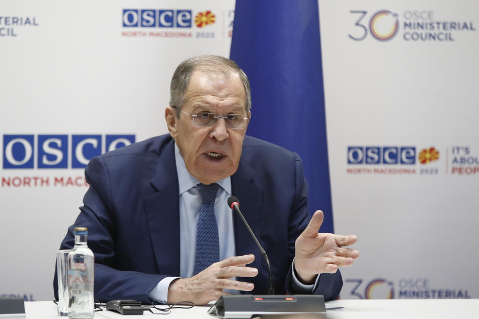Russia's Foreign Minister Sergey Lavrov talks to the media at his news conference, during the OSCE (Organization for Security and Co-operation in Europe) Ministerial Council meeting, in Skopje, North Macedonia, on Friday, Dec. 1, 2023. (AP Photo/Boris Grdanoski)