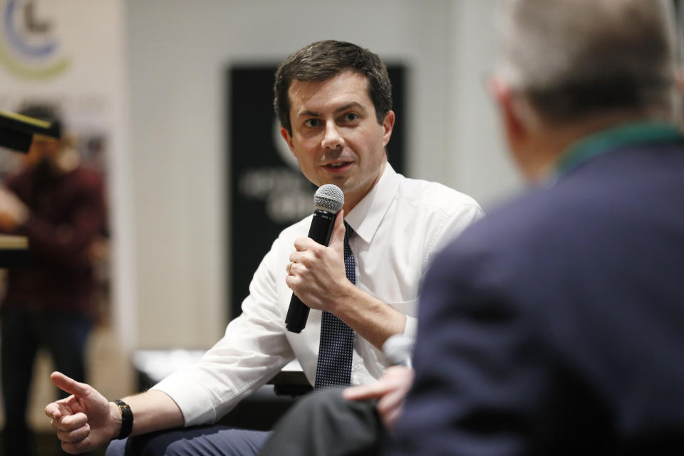 In this Dec. 6, 2019, photo, Democratic presidential candidate South Bend, Ind., Mayor Pete Buttigieg speaks during the Iowa Farmers Union Presidential Forum in Grinnell, Iowa. Buttigieg's plan to offer limited free college to students from households earning less than $100,000 a year is exposing one a rift in one of the sleeper issues of the Democratic presidential primary race (AP Photo/Charlie Neibergall)