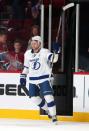 Tampa Bay Lightning center Steven Stamkos (91) waves to the crowd as he is named first star during the third period against Montreal Canadiens in game two of the second round of the 2015 Stanley Cup Playoffs at Bell Centre. Mandatory Credit: Jean-Yves Ahern-USA TODAY Sports