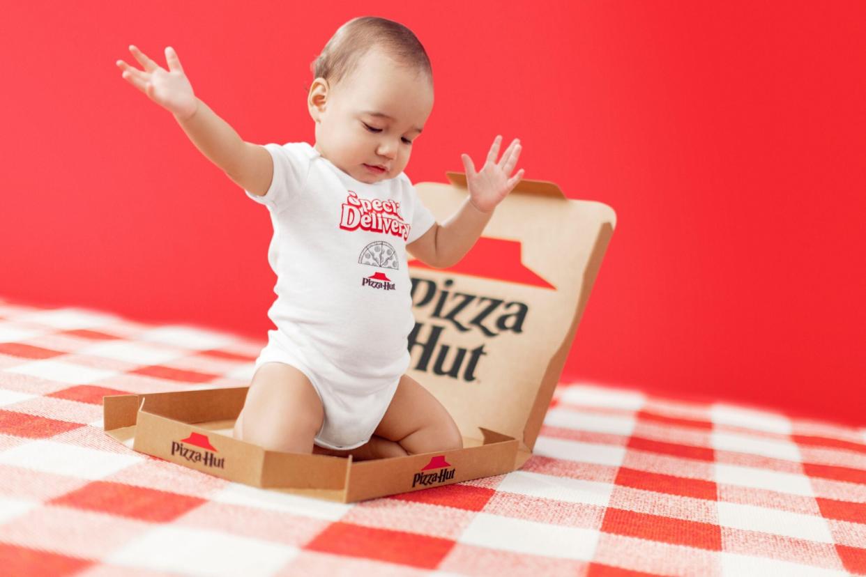 The Carter’s x Pizza Hut limited-edition collection will include three bodysuits – Slice Slice Baby, Special Delivery and Fresh Out The Oven