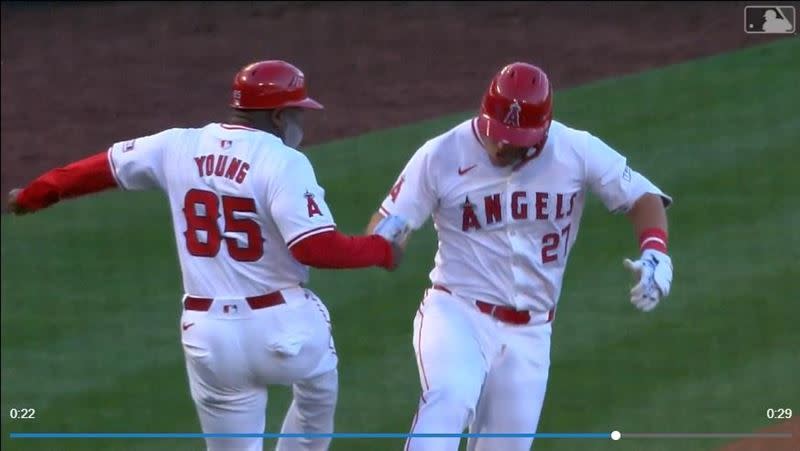 2020年後首度打第1棒，楚奧特（Mike Trout）炸裂第6支「首局首打席全壘打」。（圖／翻攝自MLB官網）