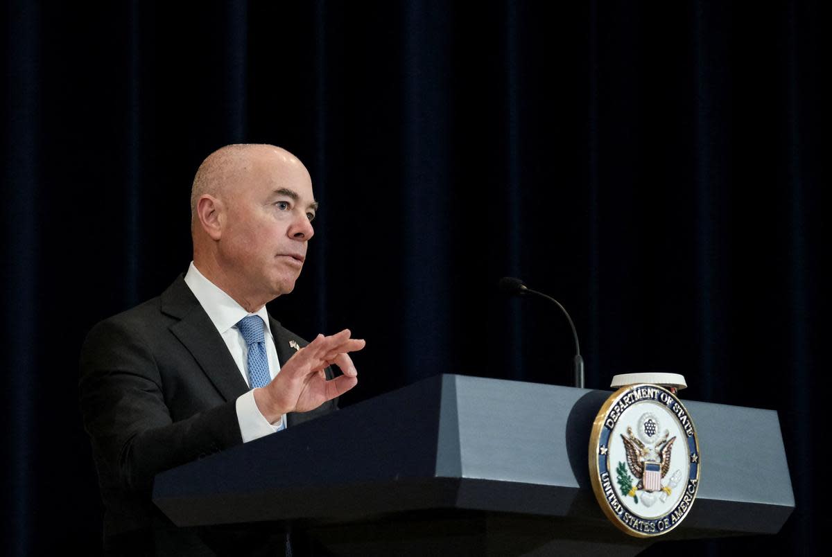 U.S. Homeland Security Secretary Alejandro Mayorkas speaks during the opening of the U.S.-Mexico High-Level Security Dialogue at the State Department in Washington on Oct. 13, 2022.