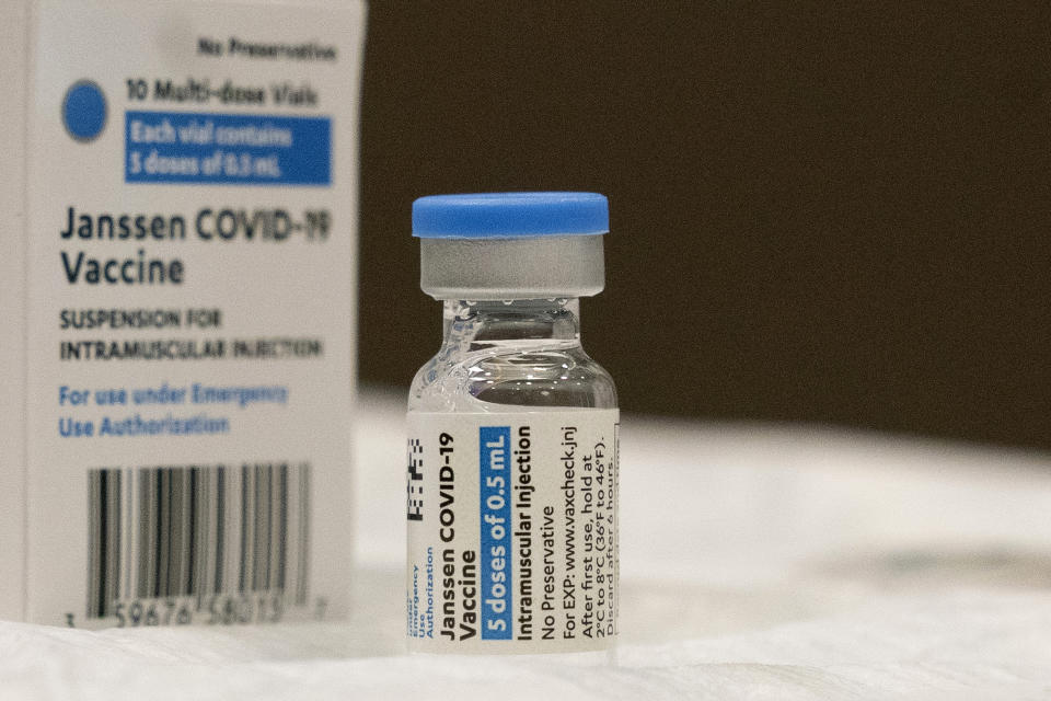 FILE - In this March 3, 2021, file photo, a vial of the Johnson & Johnson COVID-19 vaccine is displayed at South Shore University Hospital in Bay Shore, N.Y. With the U.S. pause of the vaccine, authorities are weighing whether to resume the shots the way European regulators decided to -- with warnings of a “very rare” risk. New guidance is expected late Friday, April 23, after a government advisory panel deliberates a link between the shot and a handful of vaccine recipients who developed highly unusual blood clots. (AP Photo/Mark Lennihan, File)