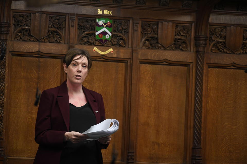 Jess Phillips speaks during the International Women's Day Debate at the House of Commons, 2022. (UK Parliament/Jessica Taylor/Handout via Reuters)