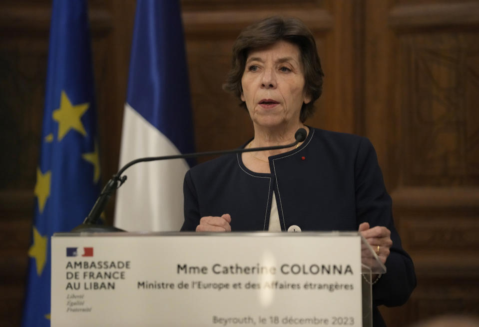 French Foreign Minister Catherine Colonna, speaks during a press conference at the Pine Palace, which is the residence of the French ambassador, in Beirut, Lebanon, Monday, Dec. 18, 2023. (AP Photo/Hussein Malla)